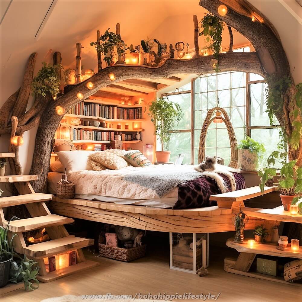 wood log library beds with bohemian style decor (11)