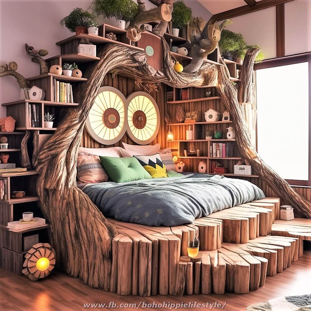 wood log library beds with bohemian style decor (12)