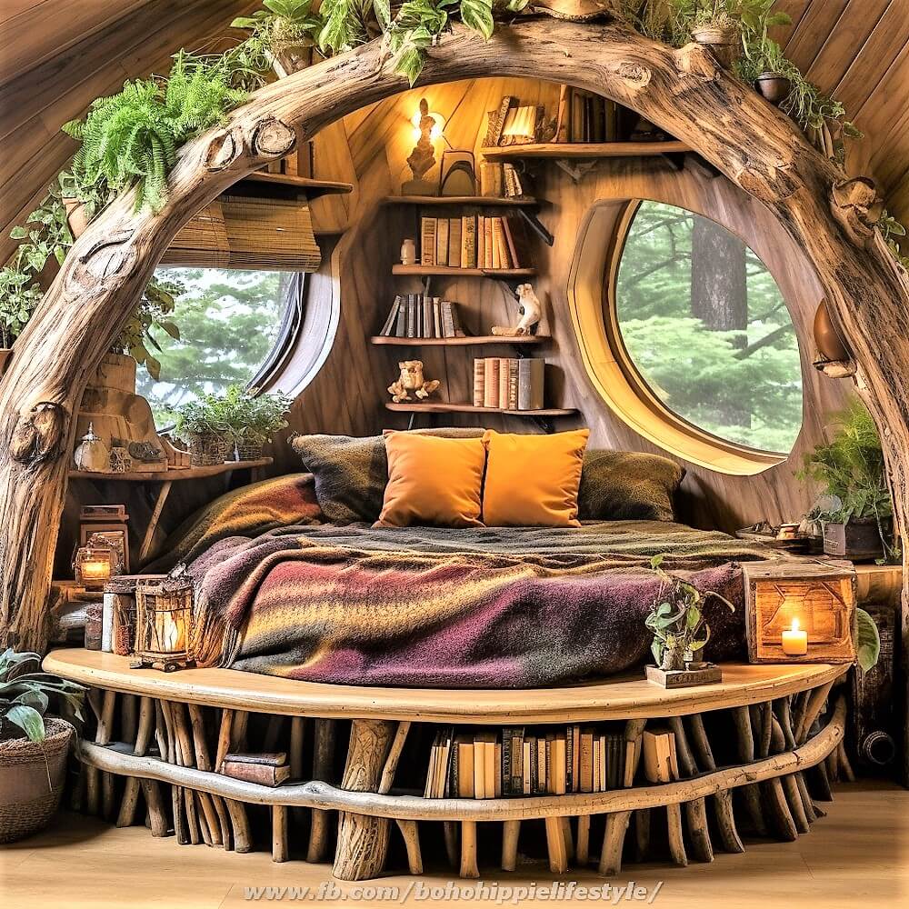 wood log library beds with bohemian style decor (14)