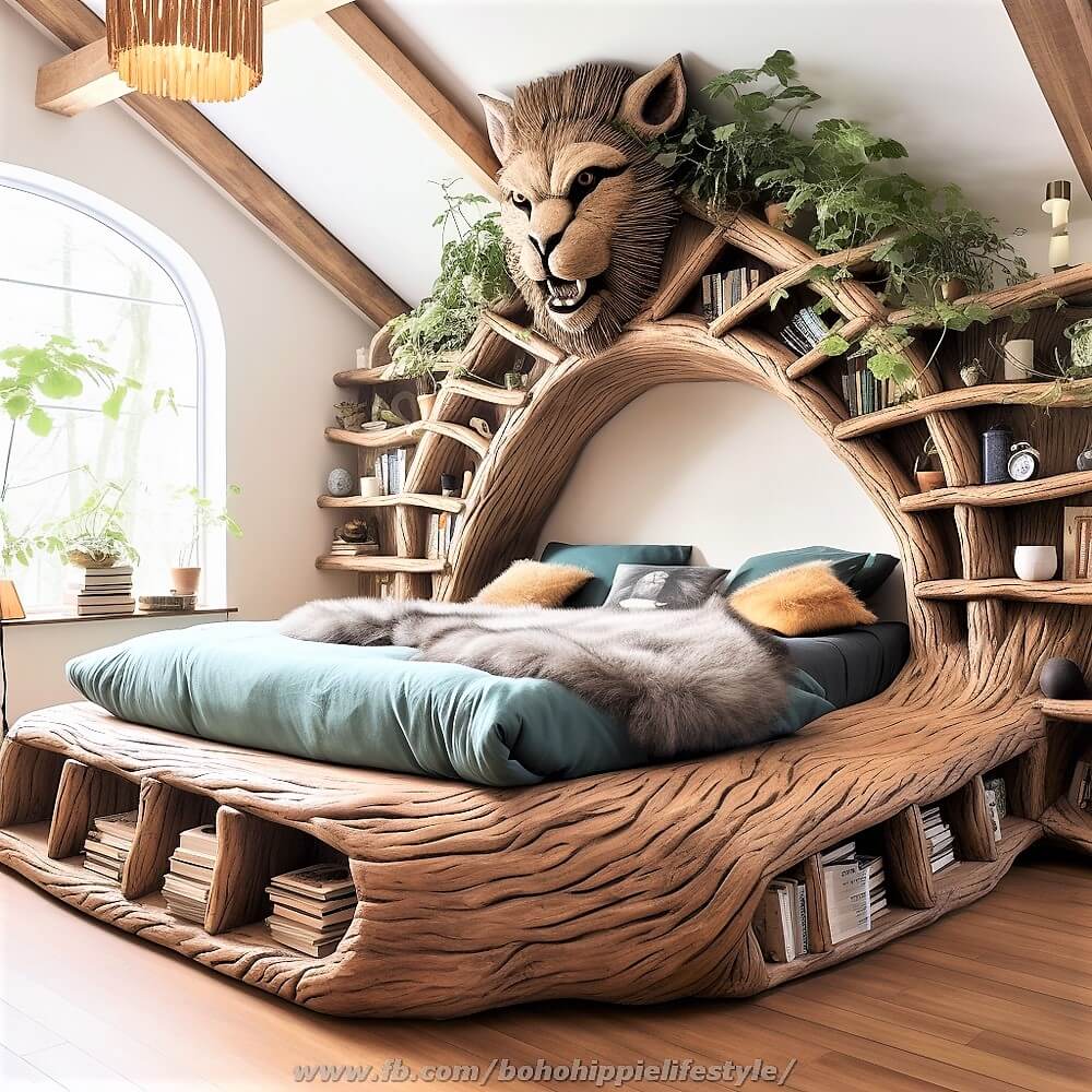 wood log library beds with bohemian style decor (19)