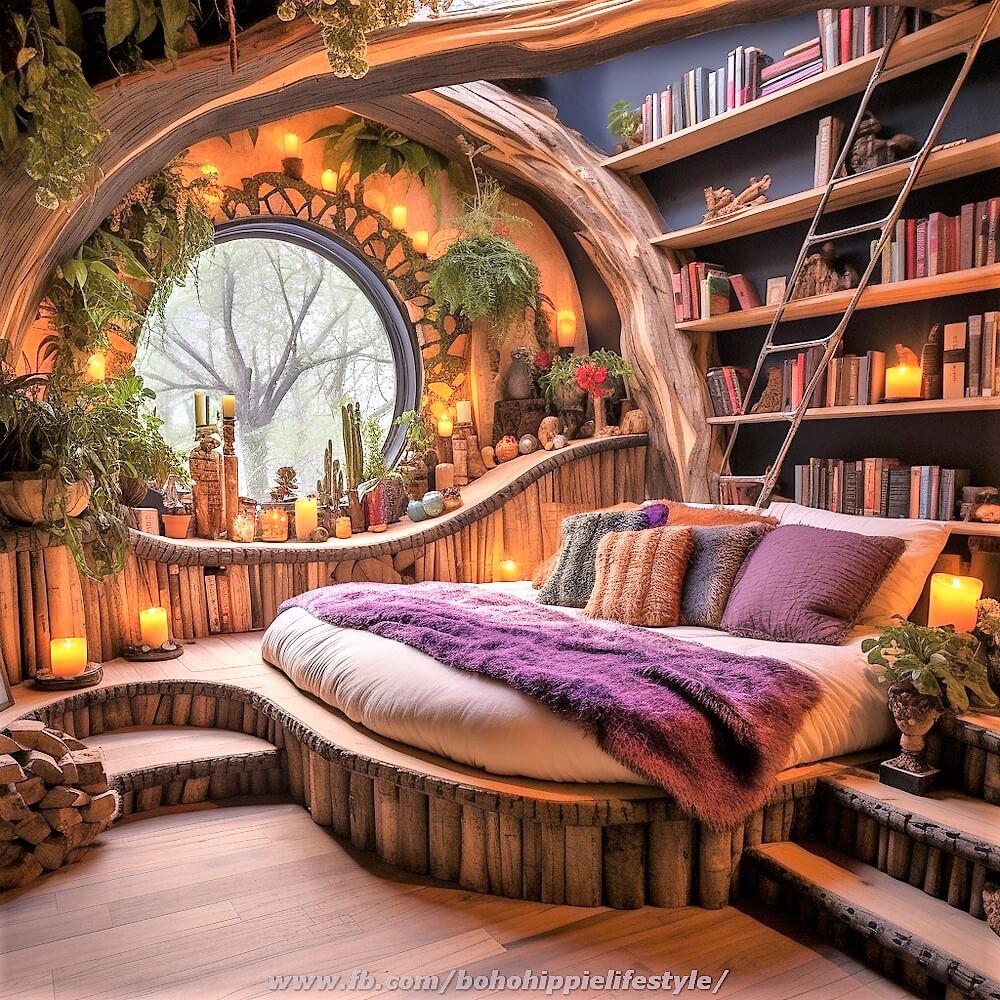 wood log library beds with bohemian style decor (21)