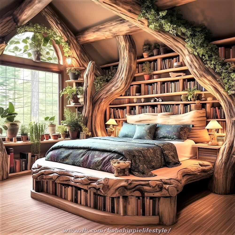 wood log library beds with bohemian style decor (22)