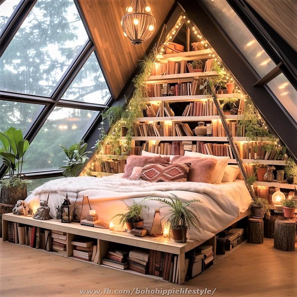 wood log library beds with bohemian style decor (25)