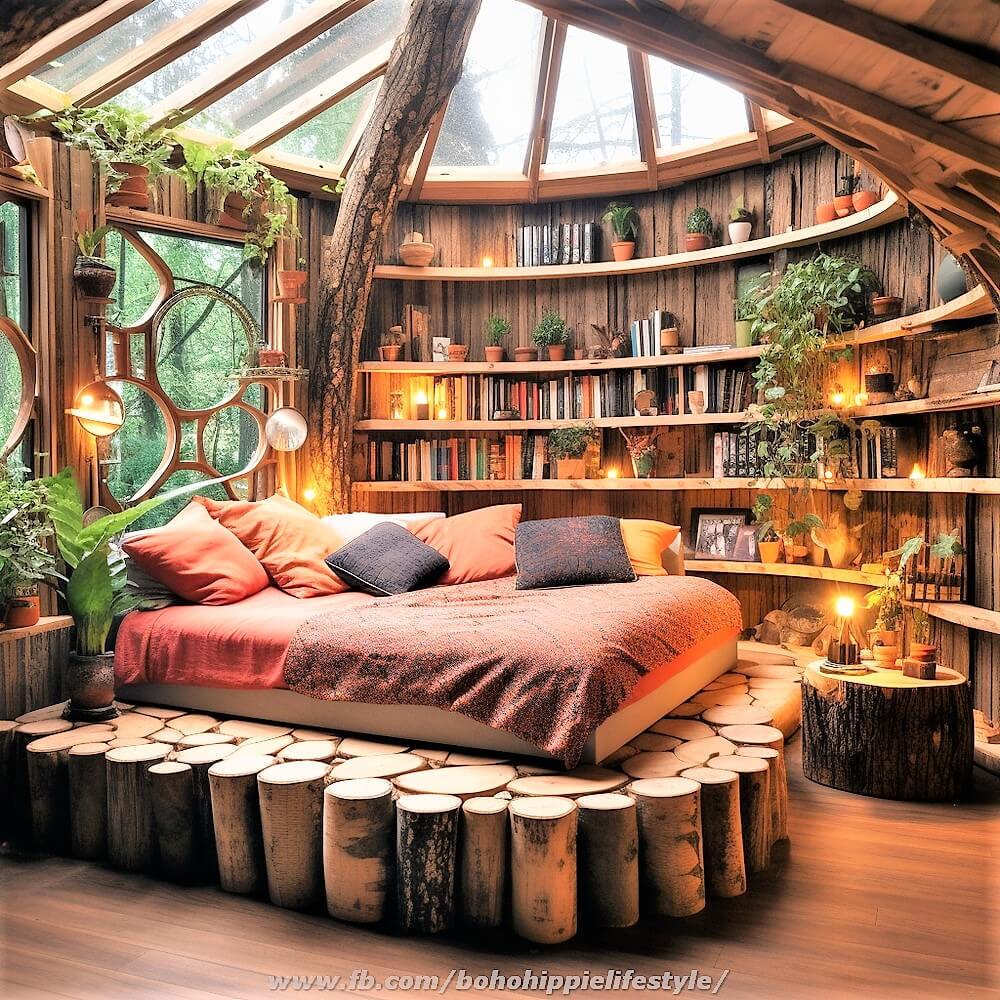 wood log library beds with bohemian style decor (26)