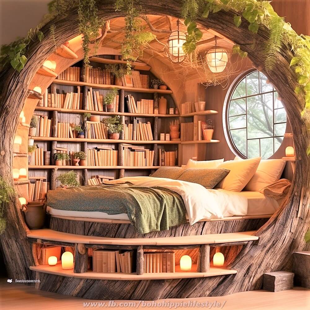 wood log library beds with bohemian style decor (29)