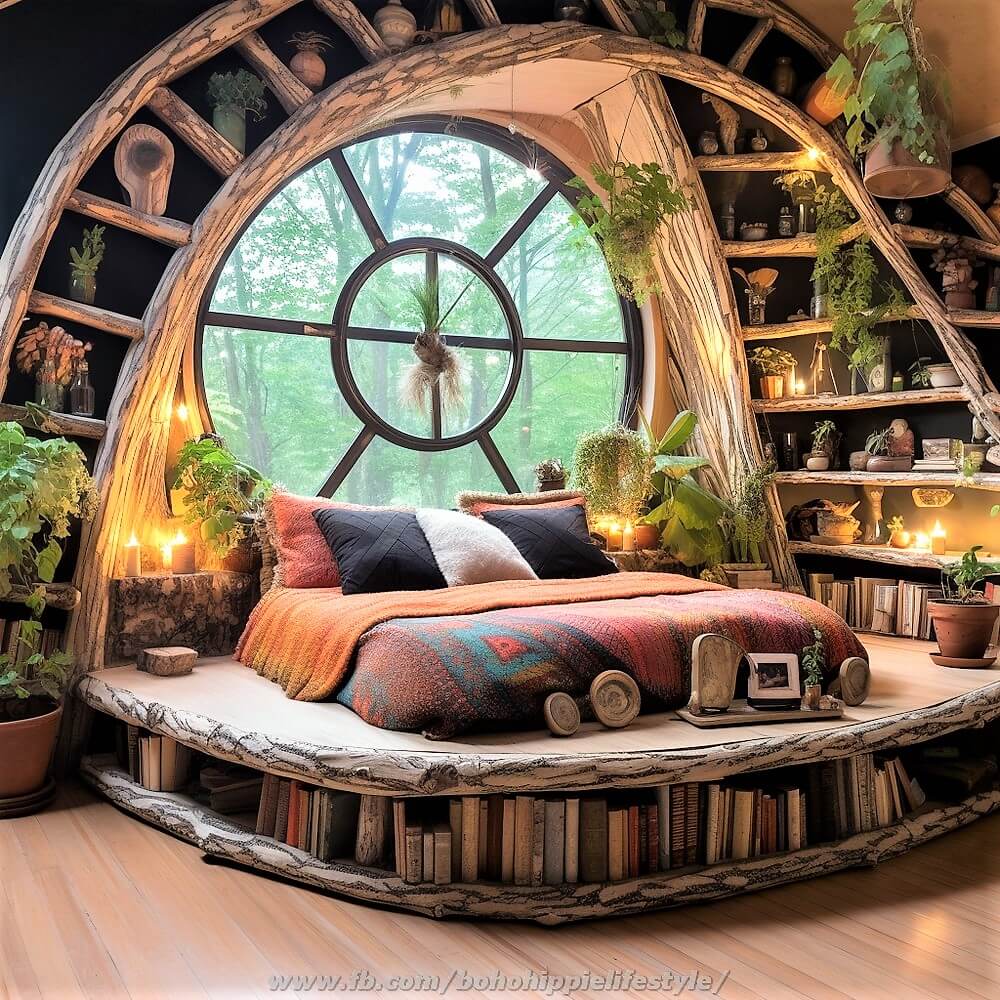 wood log library beds with bohemian style decor (7)